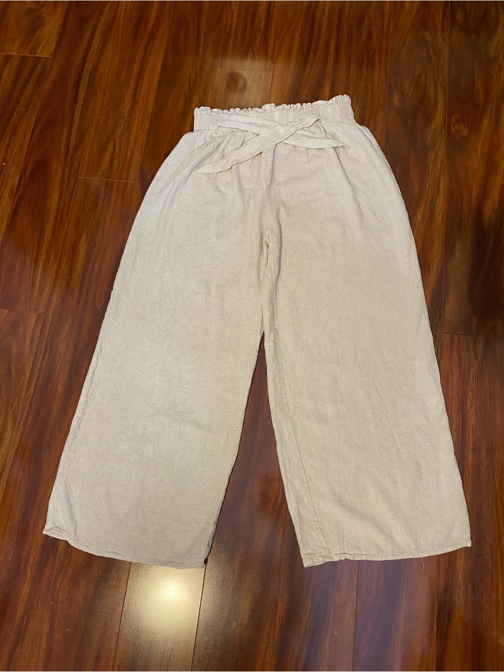 Aakaa Cream Linen blend cropped Wide-Leg Elastic Waist Pants